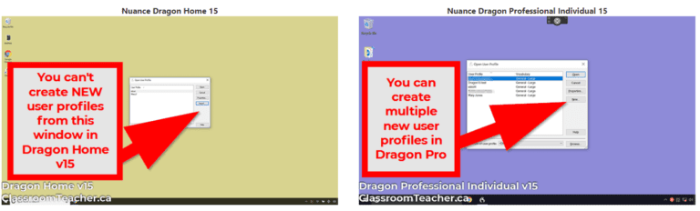Use Dragon Speak Naturally: Side by side comparison of Nuance Dragon Home 15 vs Nuance Dragon Professional 15 showing multiple user profile option in start window